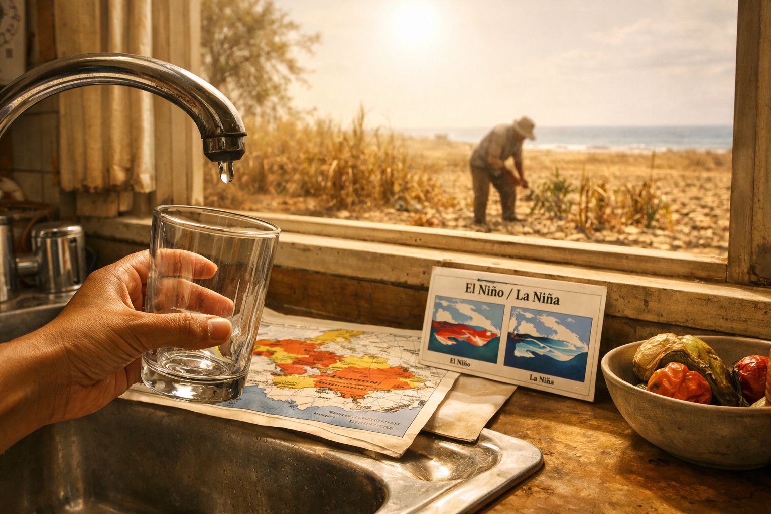 Mão a segurar copo vazio na pia com torneira pingando água em cozinha, homem no campo seco ao fundo.