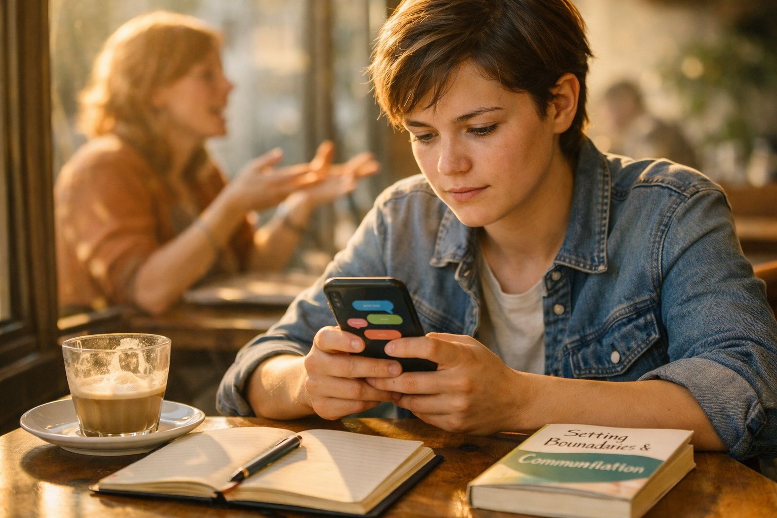 Pessoa com cabelo curto a olhar para o telemóvel numa mesa com café, caderno e livro aberto.