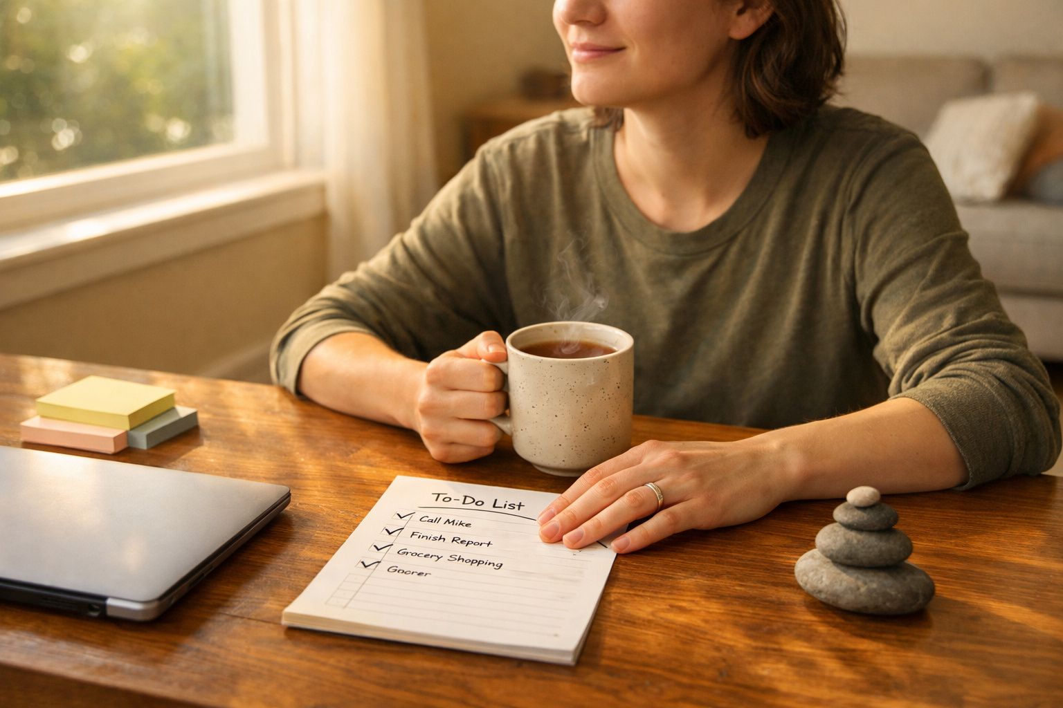 Pessoa a beber chá junto a lista de tarefas completadas num ambiente acolhedor com luz natural.
