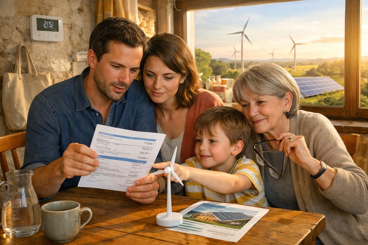 Família reúne-se para analisar fatura de energia com painéis solares e turbinas eólicas ao fundo.