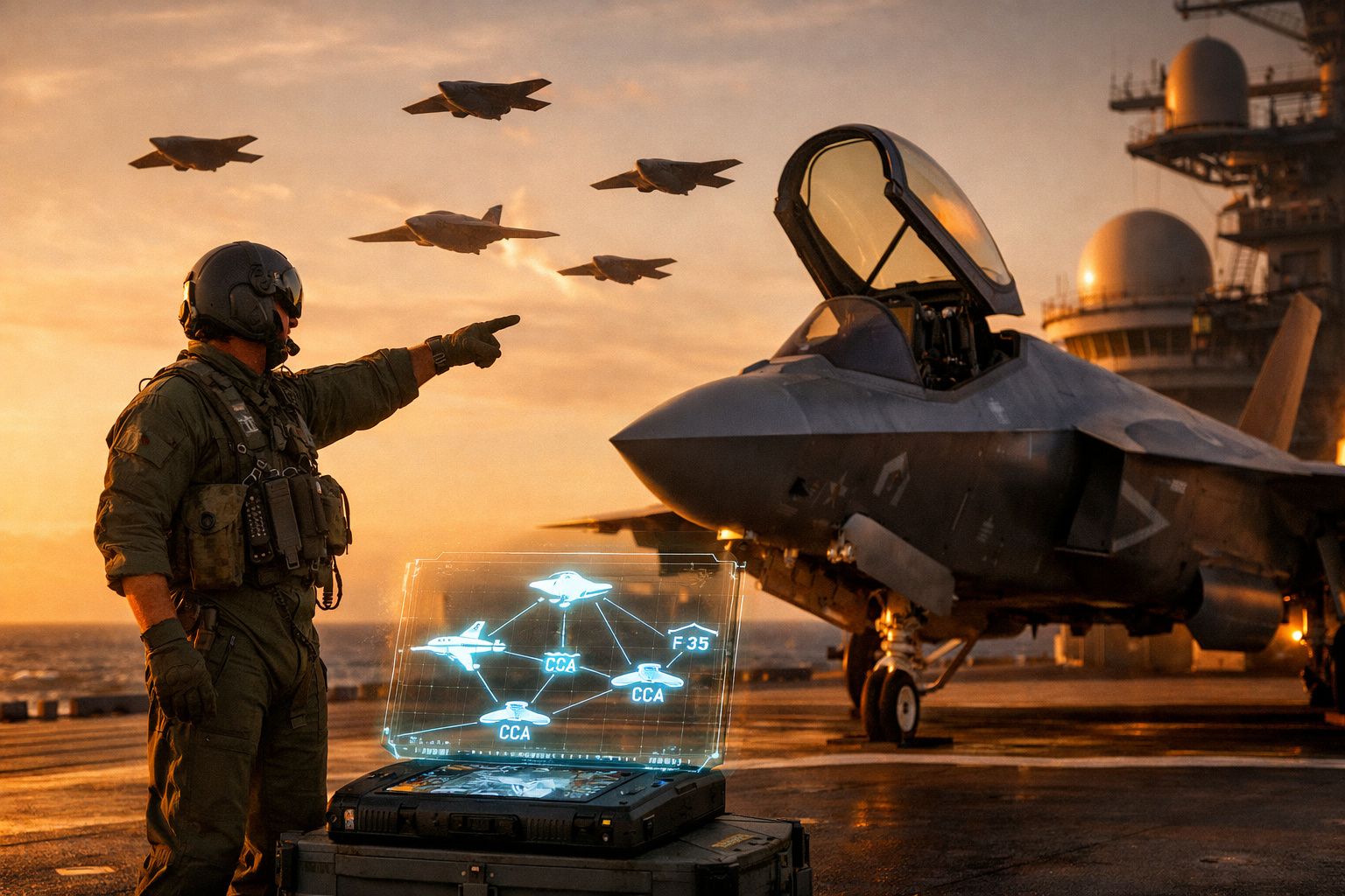 Piloto militar aponta para jatos furtivos F-35 em porta-aviões ao pôr do sol com holograma de plano de voo.