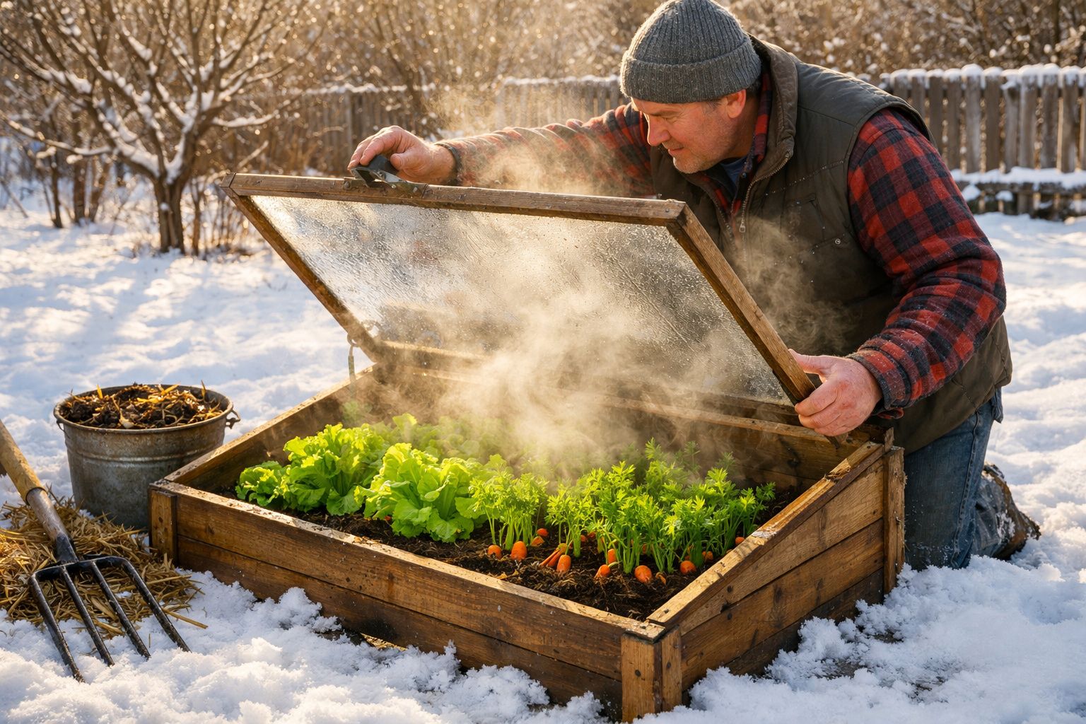 Homem levanta tampa de caixa de madeira com legumes cultivados, rodeado de neve no inverno.