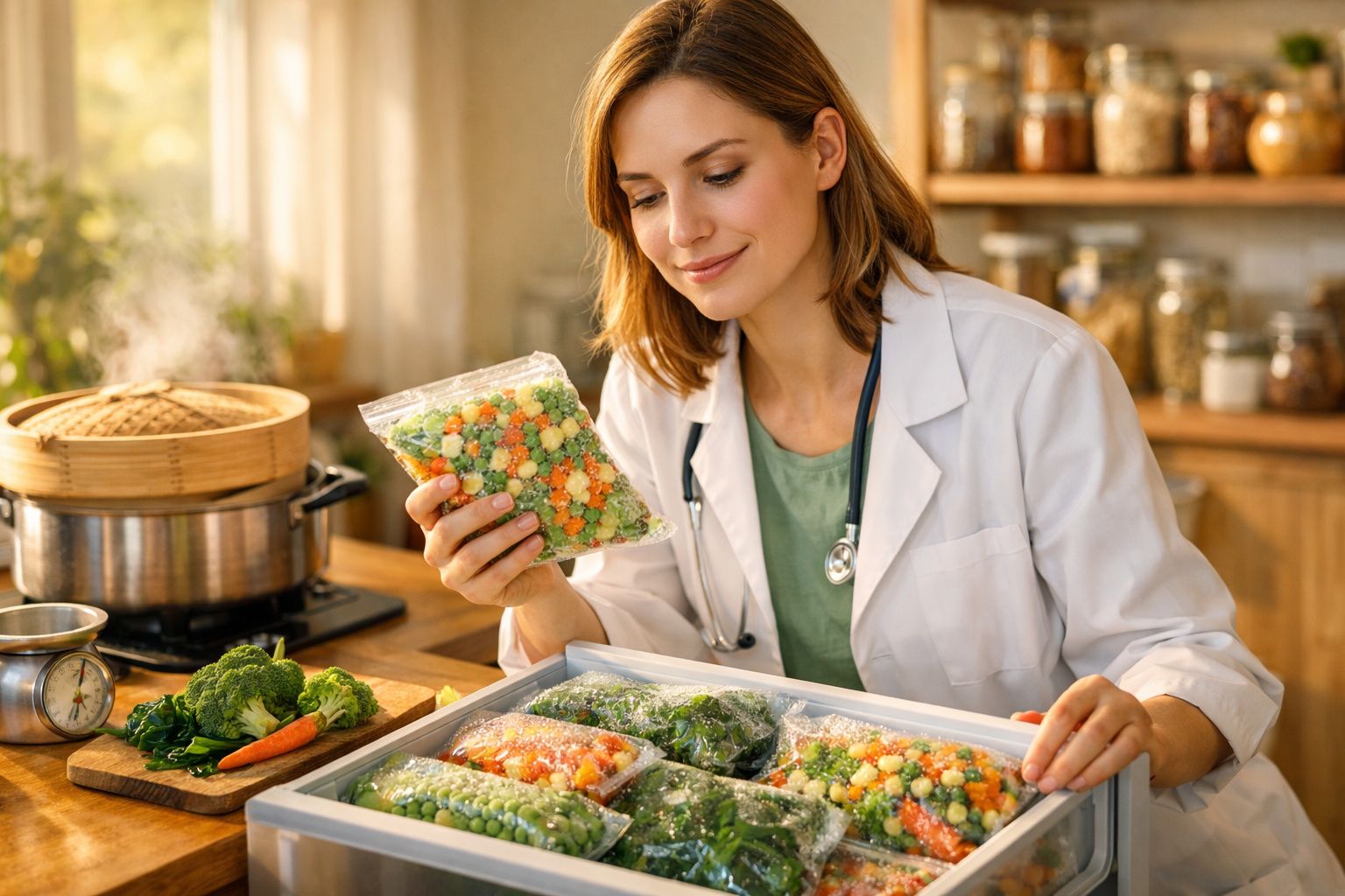 Mulher de bata branca segura embalagem de legumes congelados numa cozinha bem iluminada.