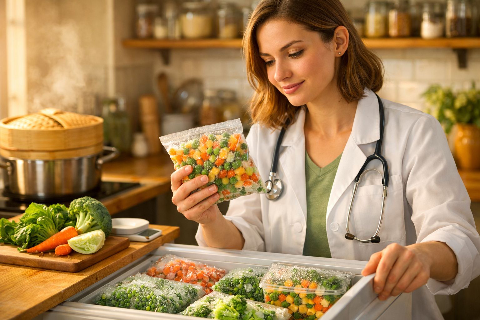 Mulher com bata branca e estetoscópio segura embalagem de legumes congelados na cozinha.