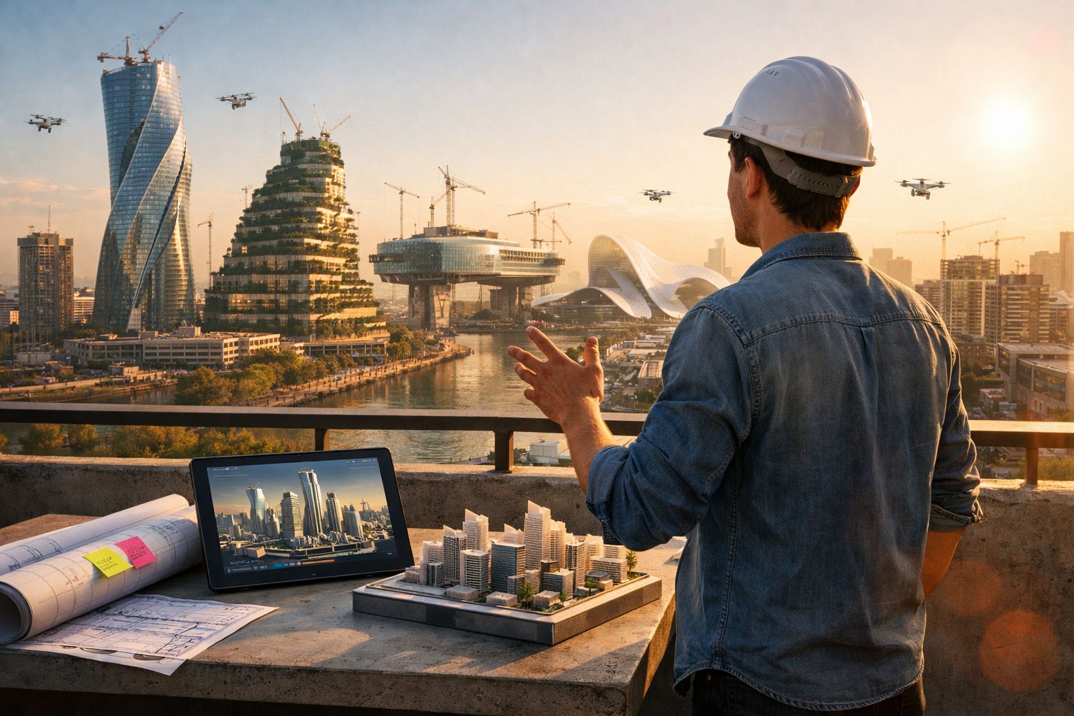 Engenheiro a observar maquete e tablet com projeto de edifícios futuristas durante pôr do sol.