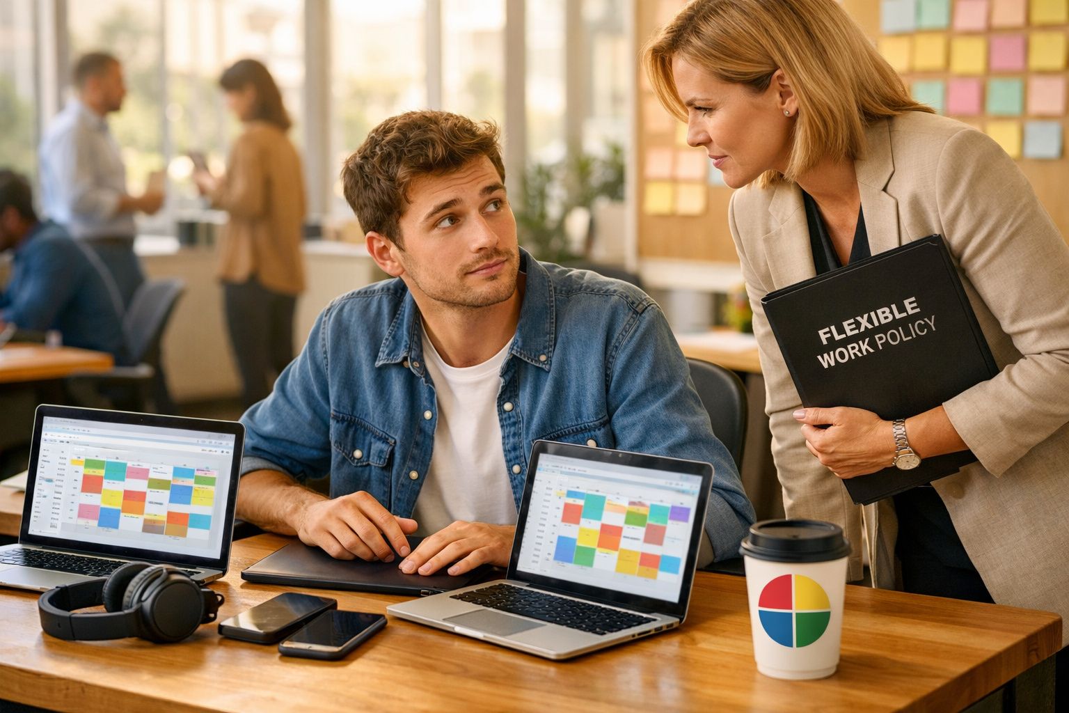 Homem sentado com dois portáteis e uma mulher a falar-lhe, segurando pasta "Flexible Work Policy" num escritório.