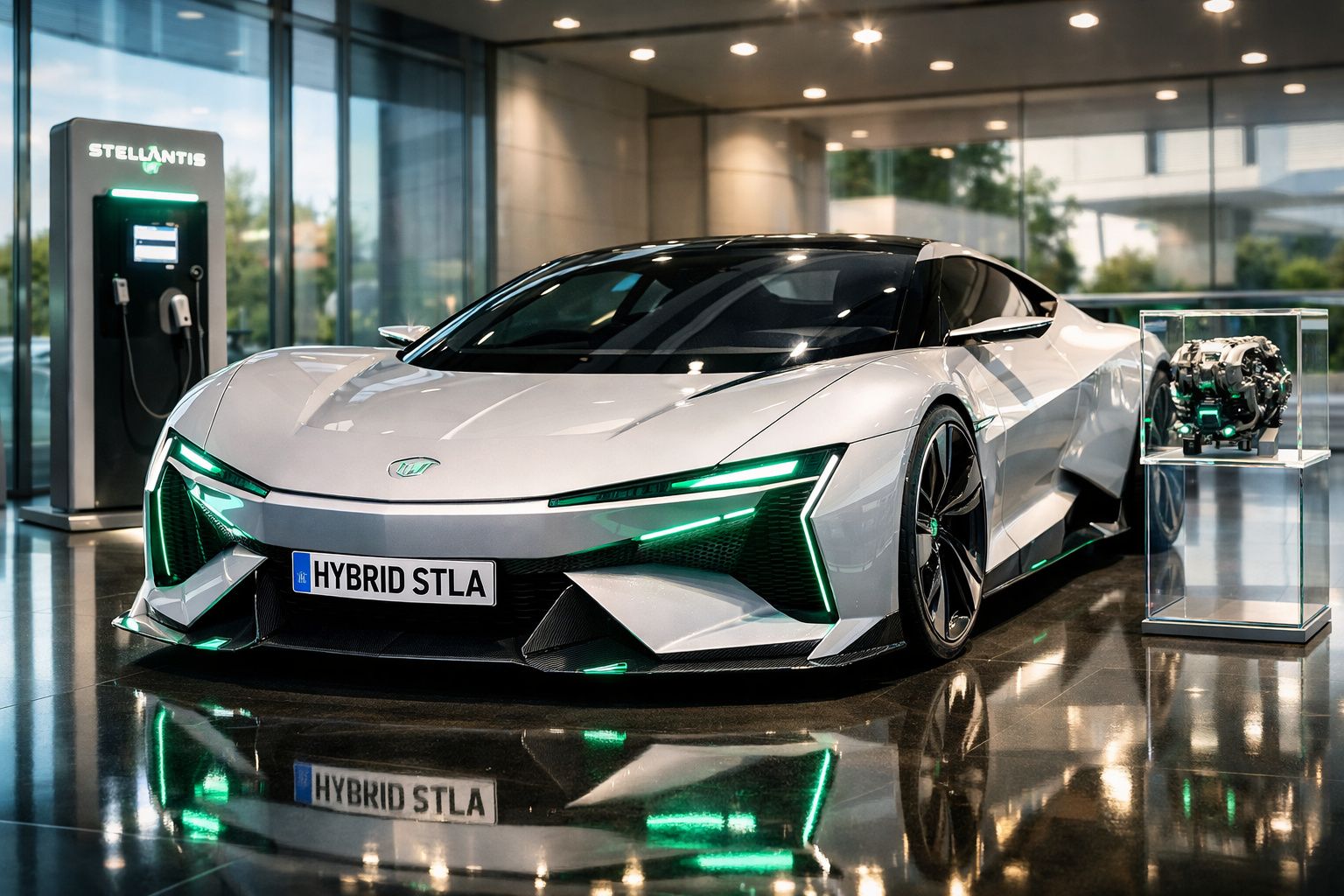 Carro desportivo híbrido prata com luzes verdes exposto em showroom moderno com motor em vidro ao lado.