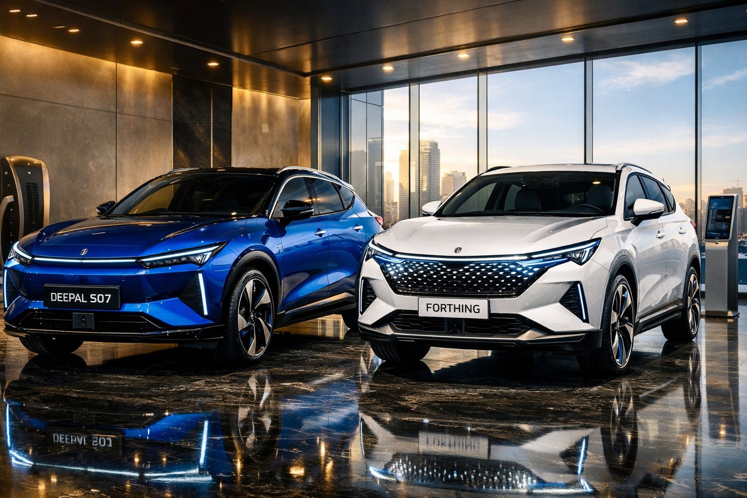 Dois carros elétricos modernos, azul e branco, estacionados em espaço interior com chão espelhado e vista de cidade.