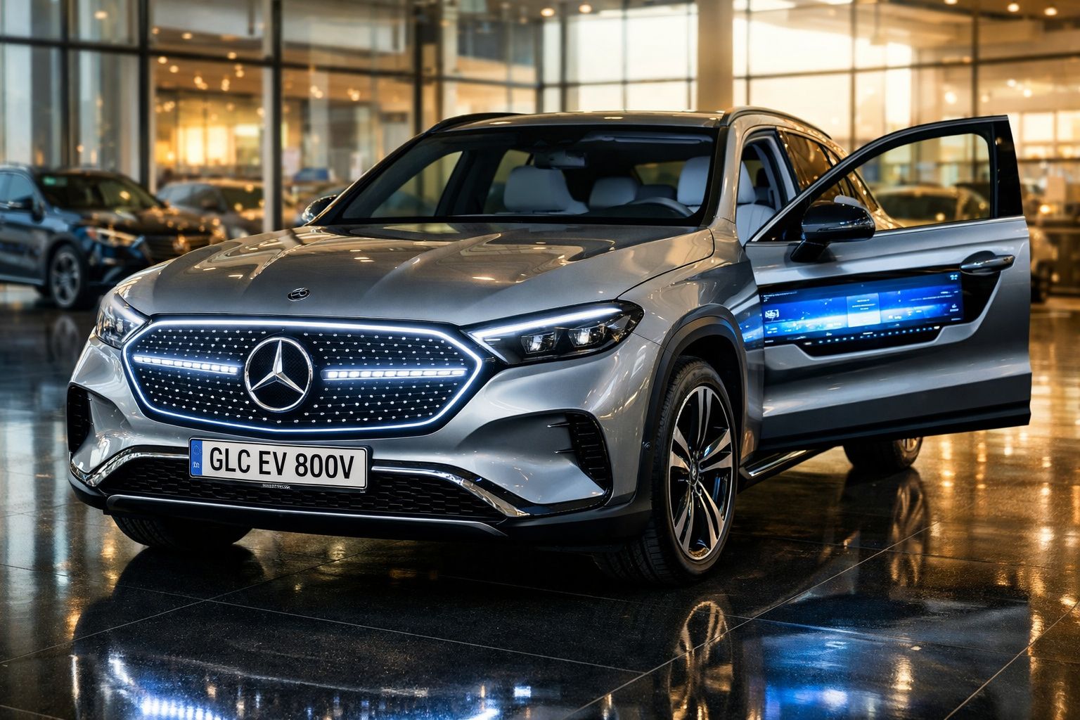 Carro elétrico Mercedes-Benz prata com porta aberta e luzes dianteiras acesas em showroom.