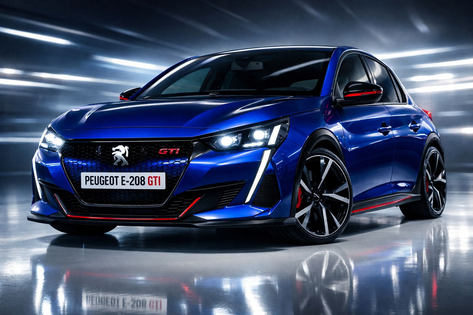Peugeot E-208 GTI azul brilhante visto de frente num ambiente moderno e iluminado.