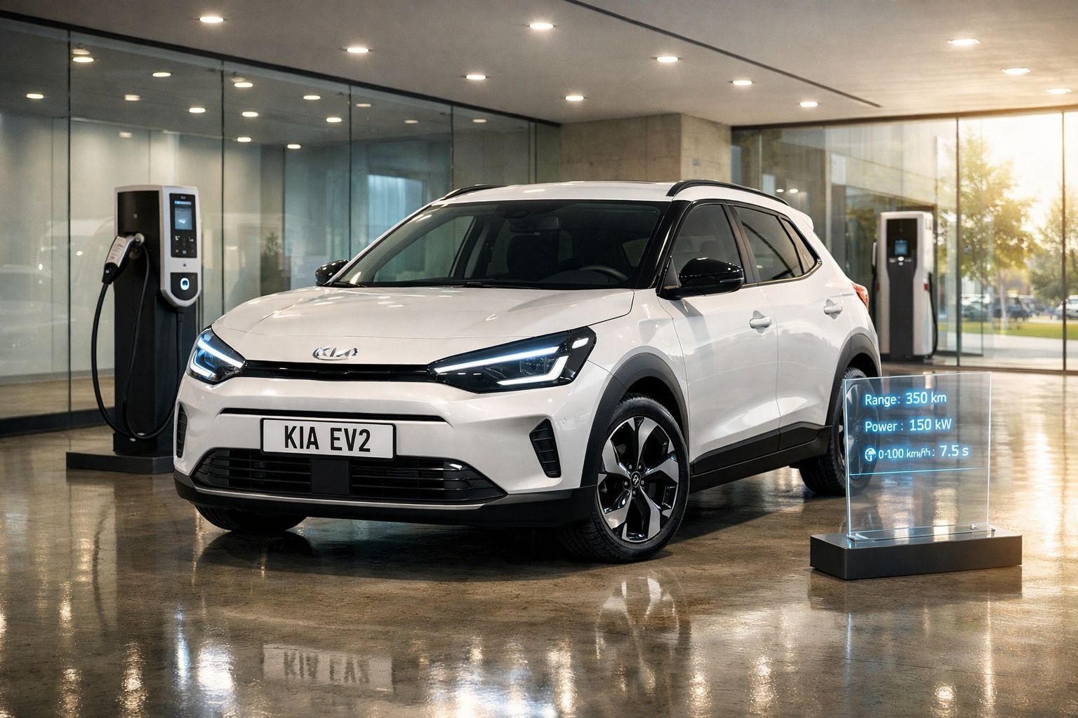 Carro elétrico branco Kia EV2 estacionado numa sala moderna com estações de carregamento.