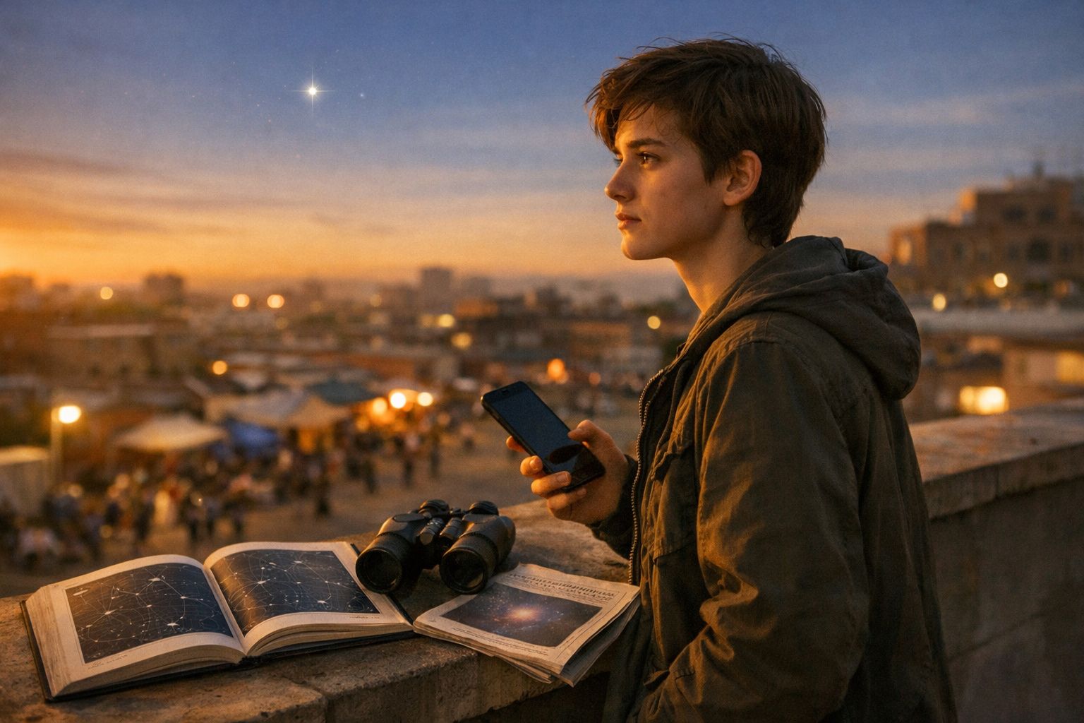 Jovem com casaco verde segura telemóvel junto a binóculos e livros de astronomia ao entardecer na cidade.