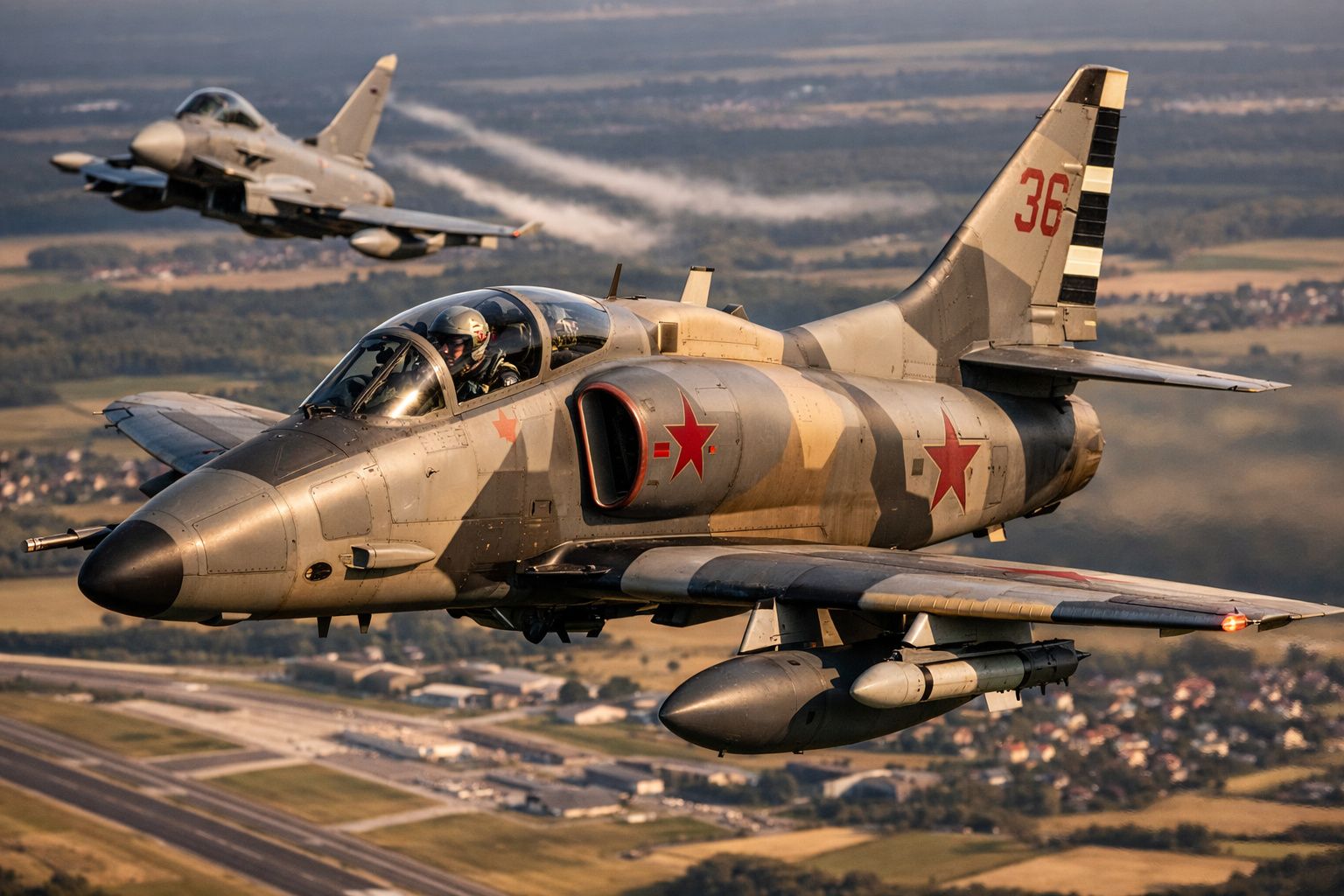 Dois aviões militares de combate em voo com símbolos soviéticos vermelhos nas fuselagens sobre uma paisagem rural.