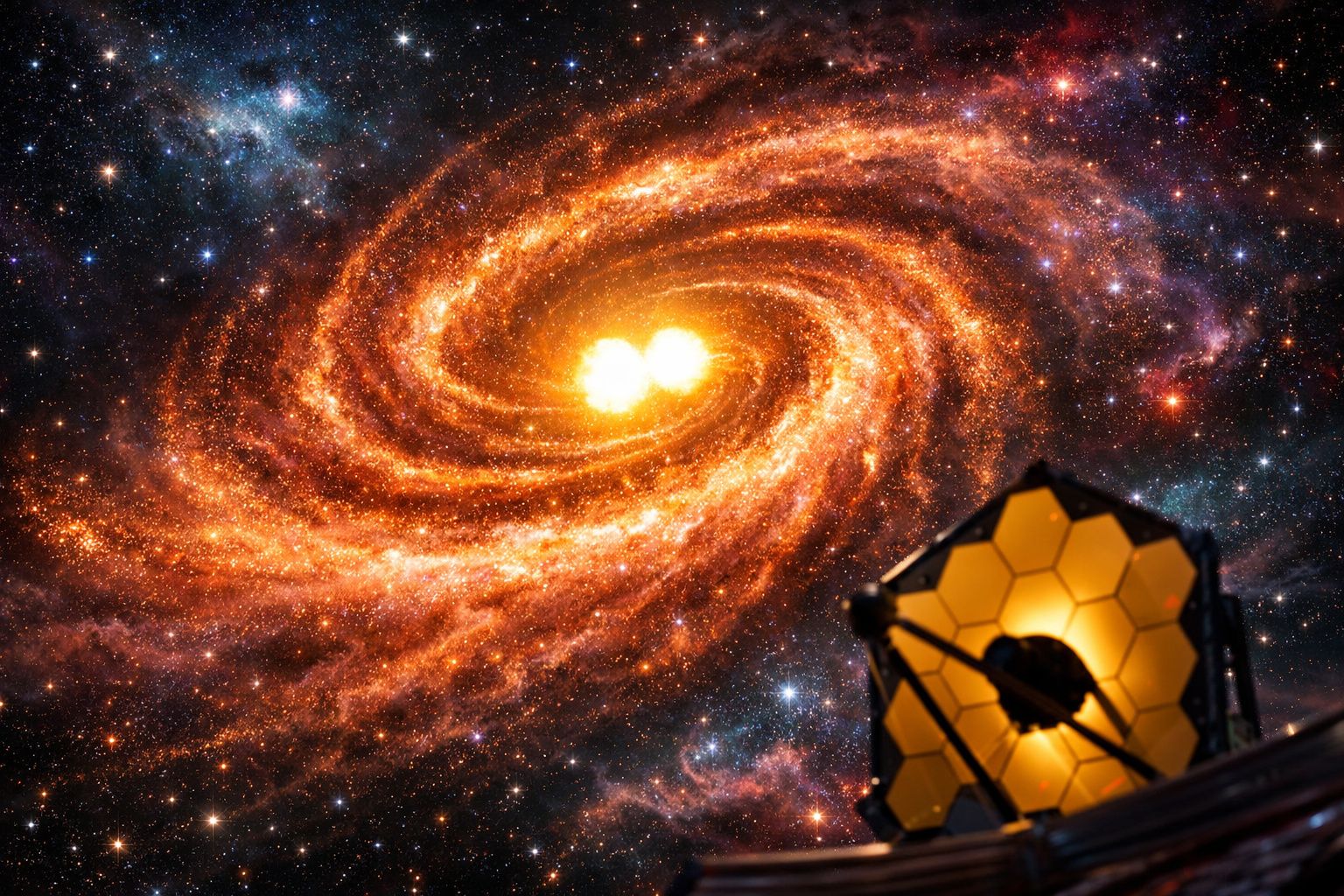 Telescópio espacial com espelho dourado observa uma dupla estrela no centro de uma galáxia espiral luminosa.