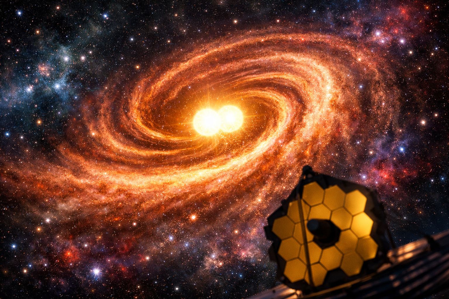 Telescópio espacial observa duas estrelas brilhantes próximas num vasto céu estrelado com galáxia em espiral.