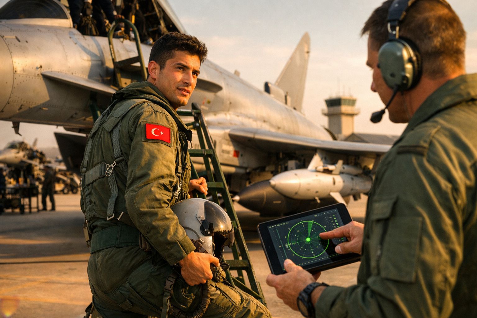 Dois pilotos militares turcos em fato de voo junto a um caça num aeroporto ao pôr do sol.