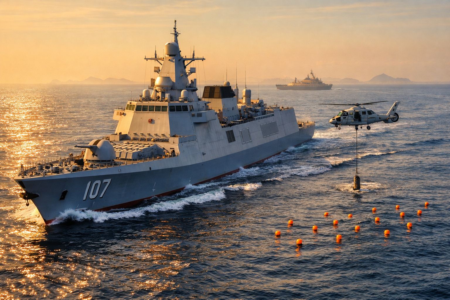 Cruzador militar no mar ao pôr do sol com helicóptero a transportar carga e bóias na água.