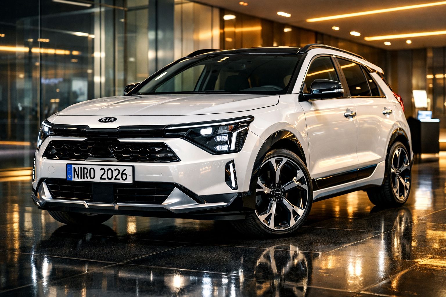 Carro Kia Niro 2026 branco estacionado em piso refletor, iluminação interior moderna.