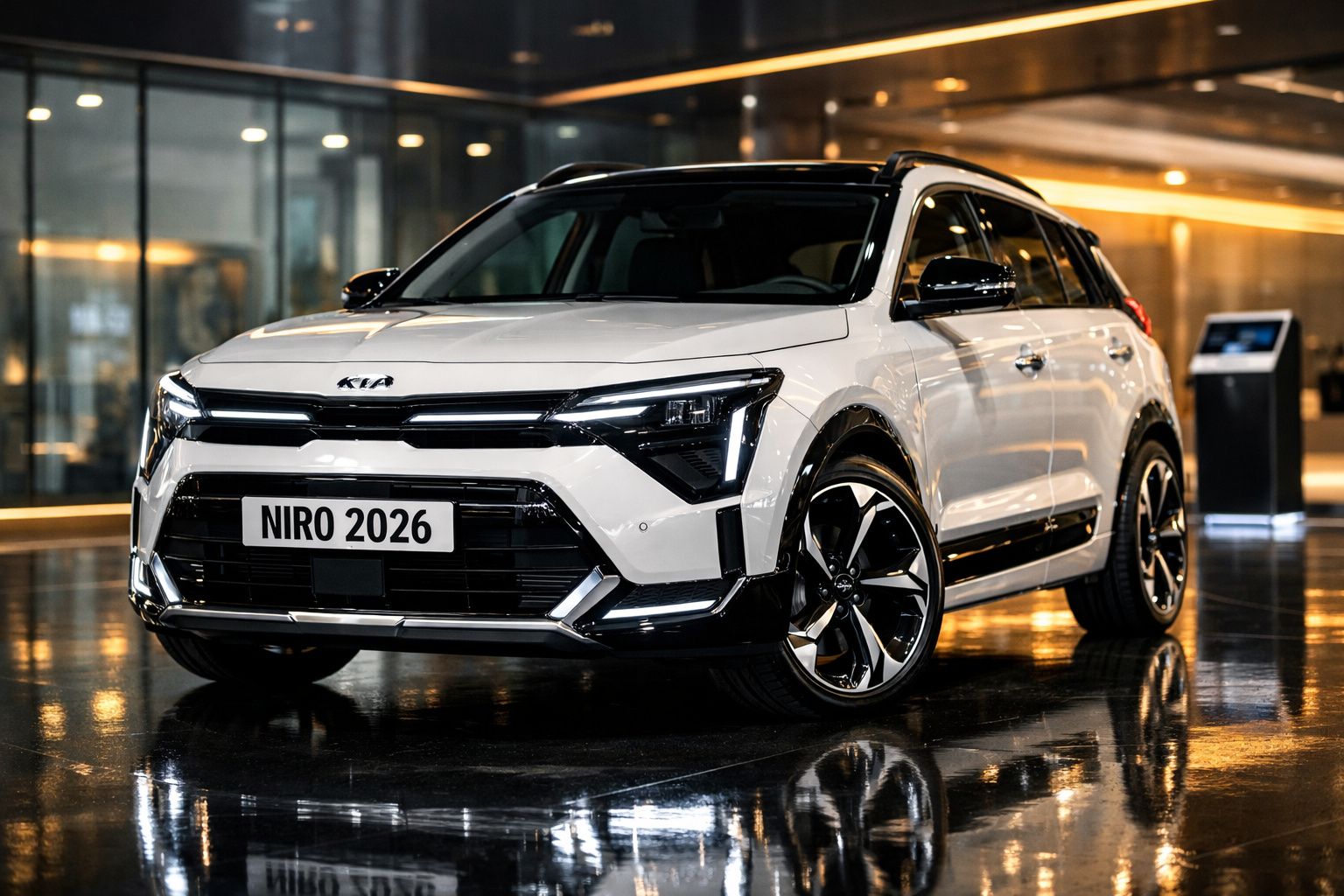 Carro Kia Niro 2026 branco moderno estacionado em ambiente interior sofisticado e iluminado.
