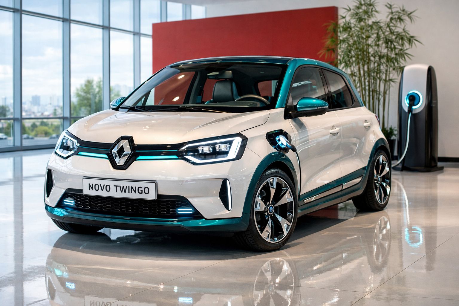 Carro elétrico Renault Novo Twingo branco a carregar numa estação de carregamento interior com janela ampla.