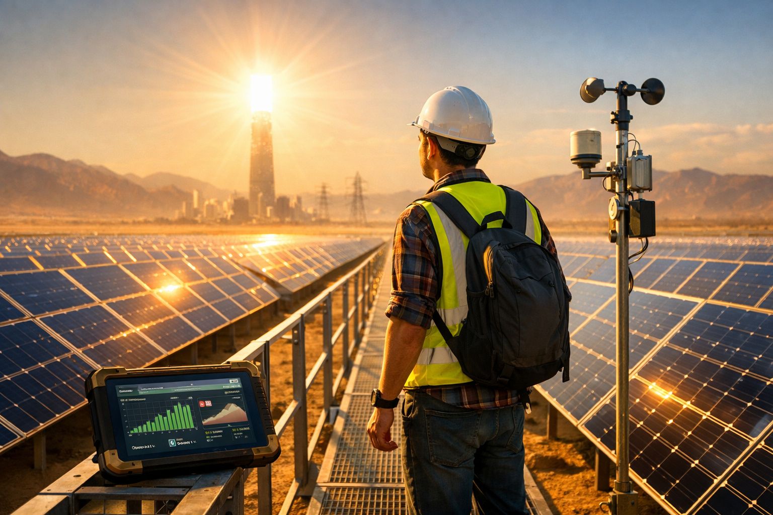 Técnico com colete e capacete verifica painéis solares ao pôr do sol numa central fotovoltaica.