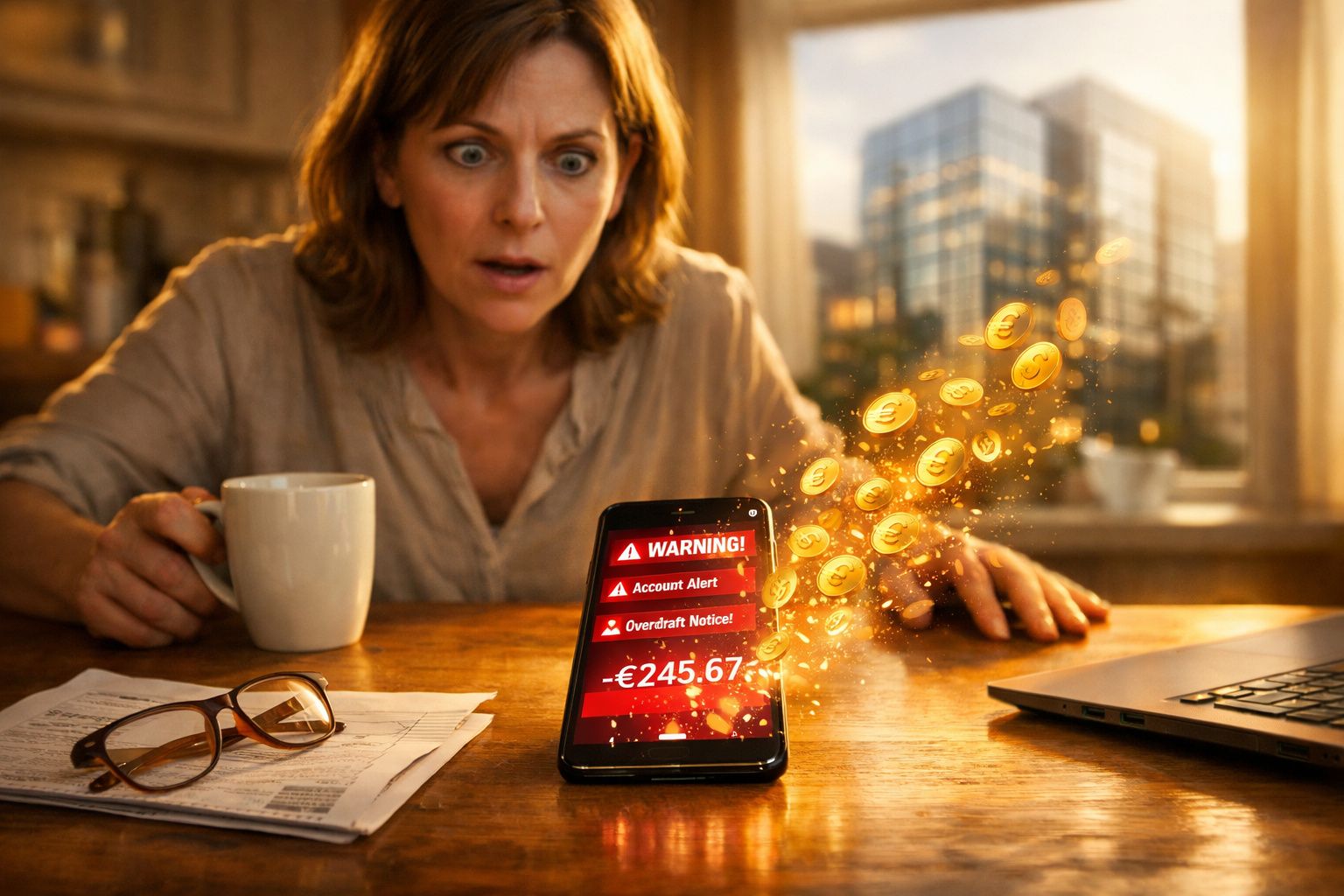 Mulher surpreendida vê alerta de saldo negativo de 245,67€ no telemóvel, com moedas digitais a sair do ecrã.