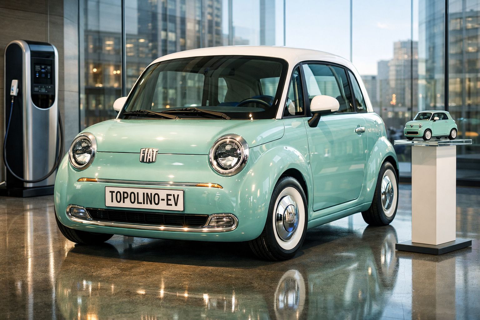Carro elétrico Fiat Topolino EV verde claro em exposição com miniatura semelhante ao lado, dentro de edifício moderno.