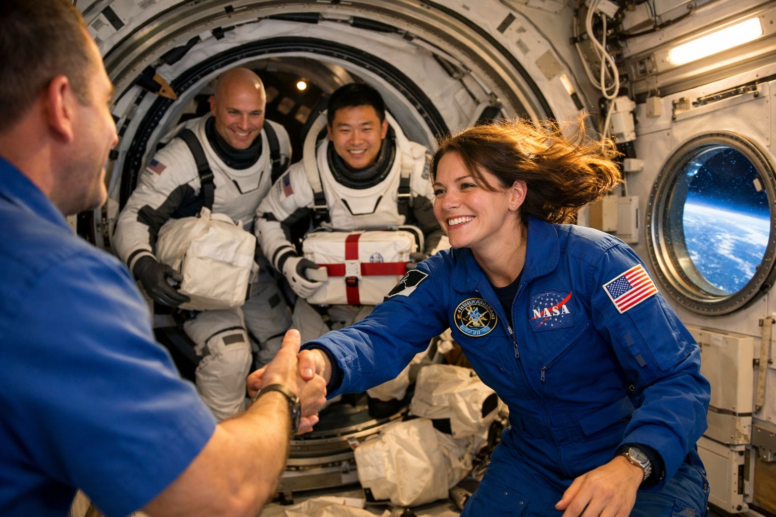 Astronauta da NASA a sorrir e a cumprimentar colega no interior da estação espacial com vista para a Terra.