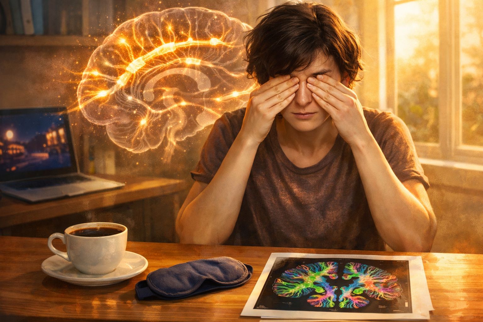 Pessoa com expressão cansada a esfregar os olhos, com ilustração digital de cérebro e mapa neural à frente.