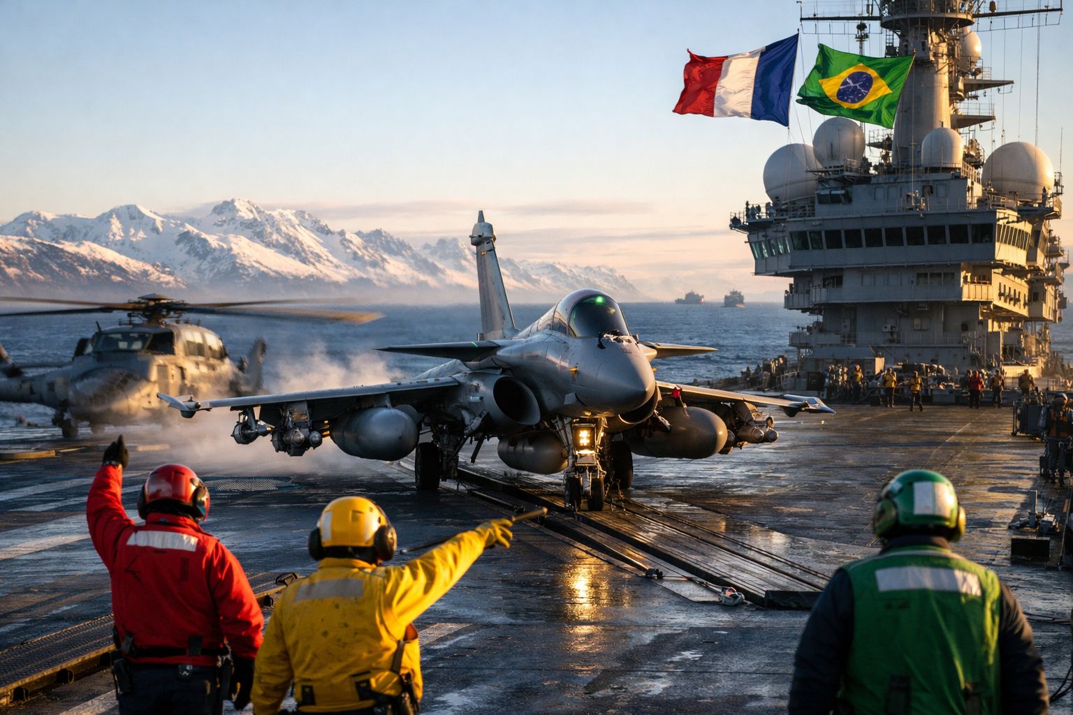 Caça militar na pista de um porta-aviões com três tripulantes e helicóptero, montanhas ao fundo.