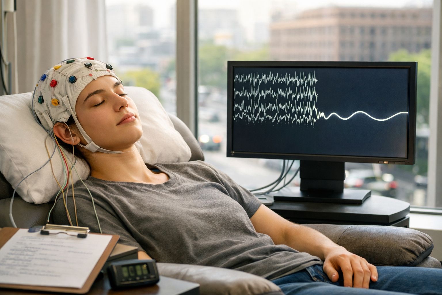 Pessoa com olho fechado utiliza electroencefalograma, com gráfico cerebral visível num monitor ao lado.