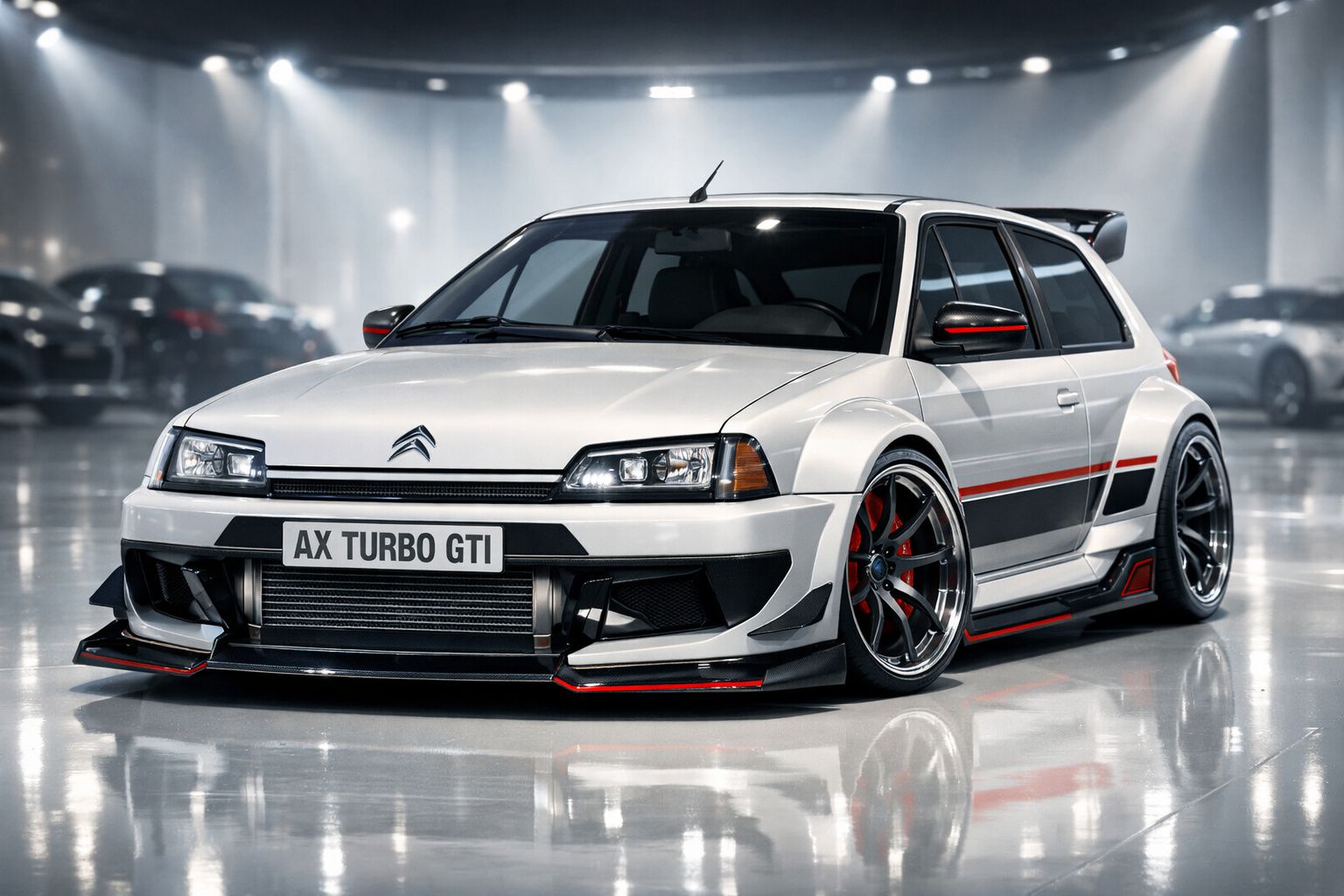 Carro desportivo Citroën AX Turbo GTI branco com detalhes pretos e vermelhos, estacionado em garagem iluminada.