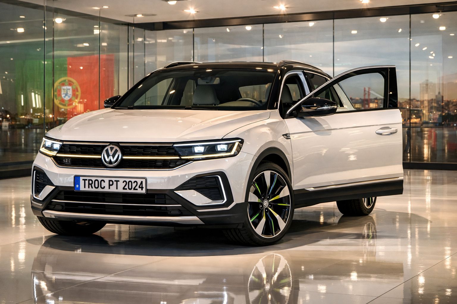 Carro Volkswagen T-Roc branco 2024 com porta dianteira aberta em sala de exposição com reflexos.