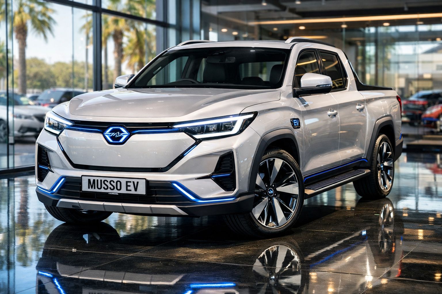 Pick-up elétrica branca Musso EV em exposição numa sala de showroom com piso refletor.