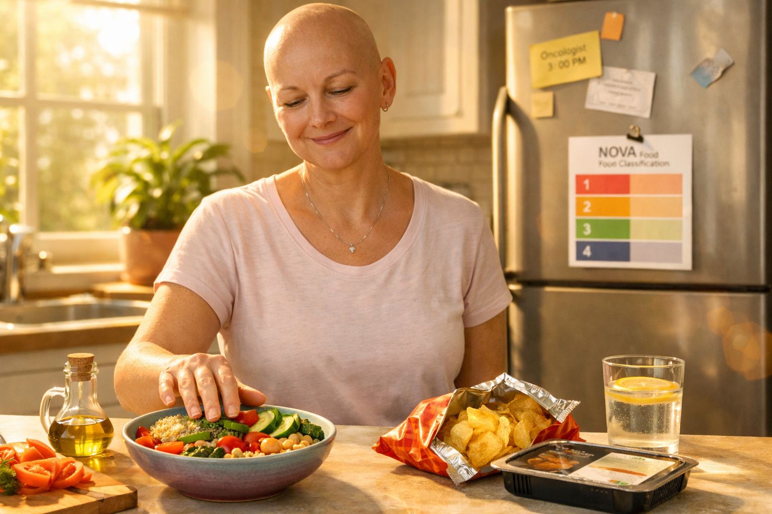Mulher careca sorridente prepara salada saudável com legumes numa cozinha iluminada pelo sol.