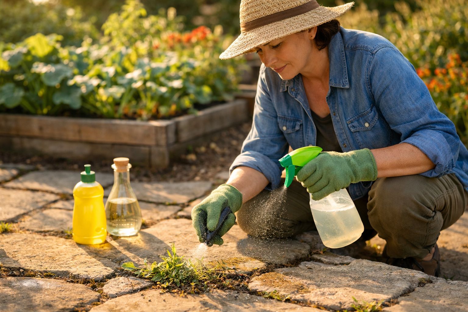 Mulher com chapéu e luvas borrifando planta daninha num jardim com vasos elevados ao fundo.
