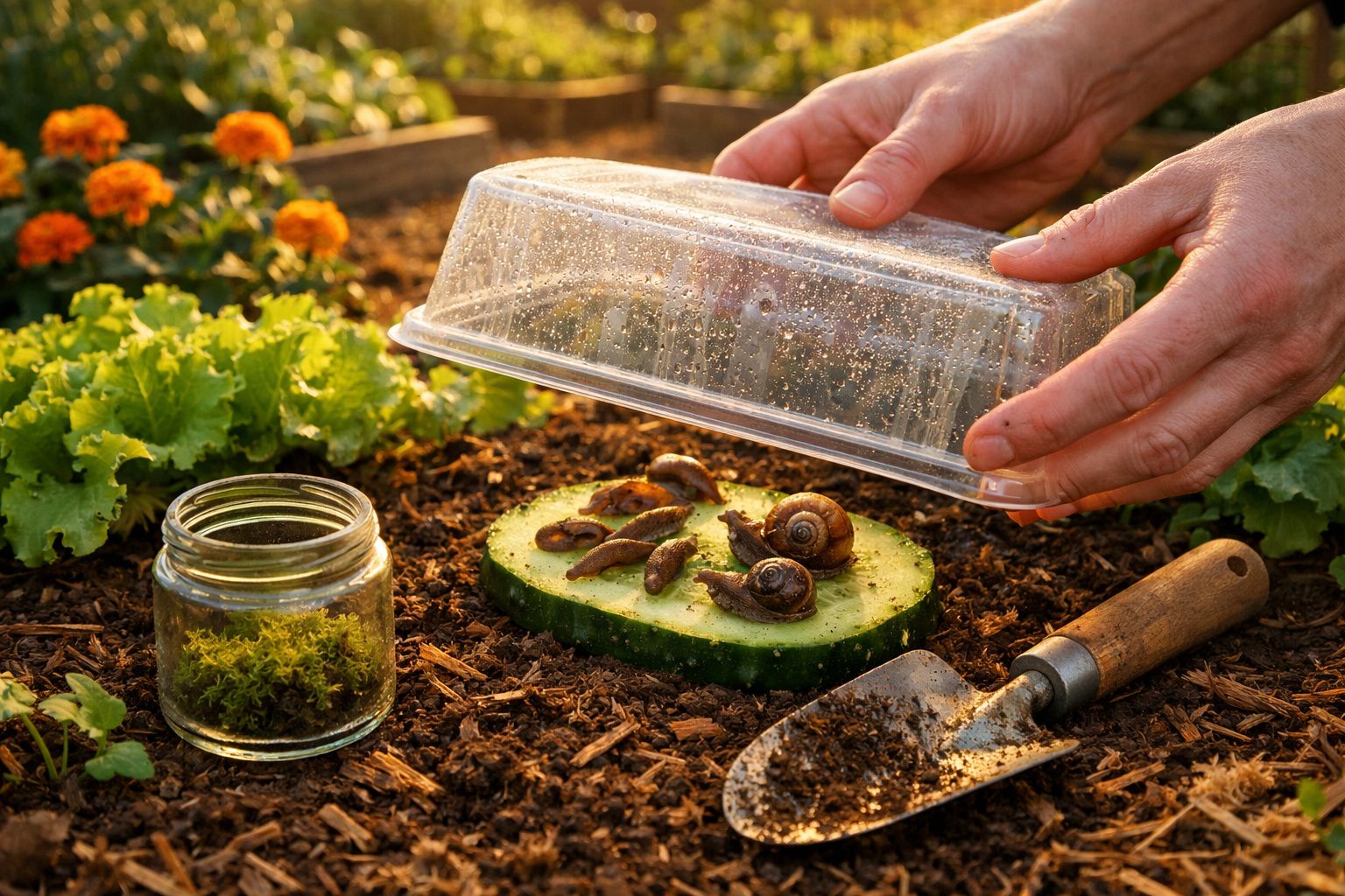 Mãos a cobrir caracóis numa fatia de pepino com um recipiente transparente num canteiro de jardim.