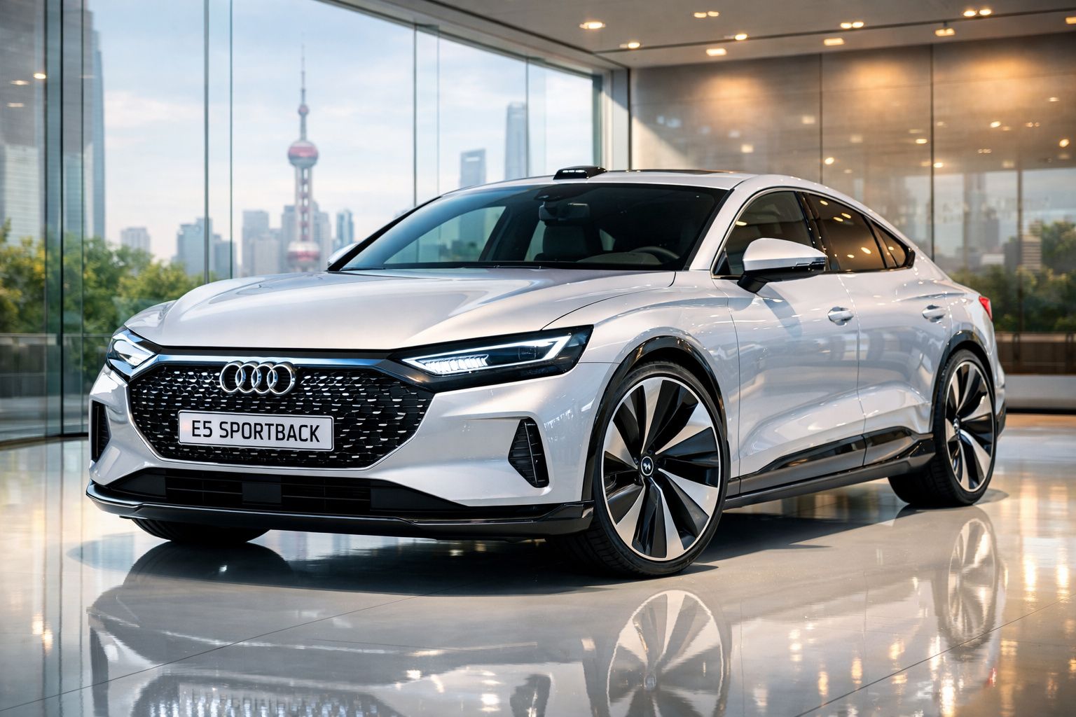 Carro Audi E5 Sportback branco estacionado em interior com vista de edifícios ao fundo.