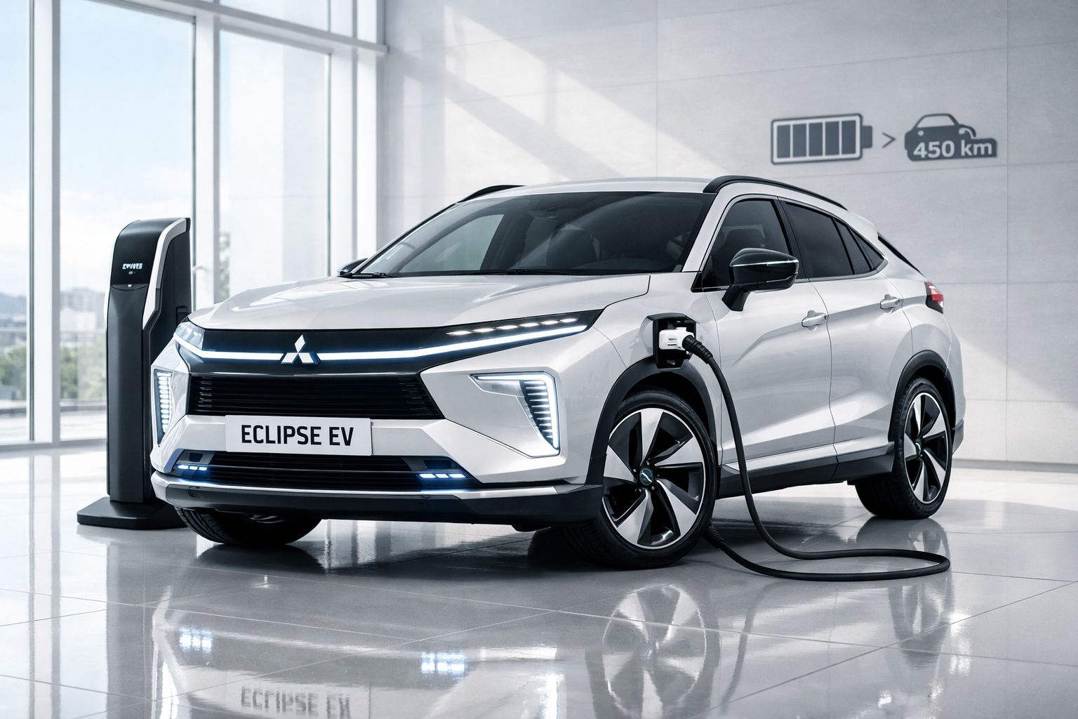 Automóvel elétrico Mitsubishi Eclipse EV a carregar numa estação de carregamento interior moderna.