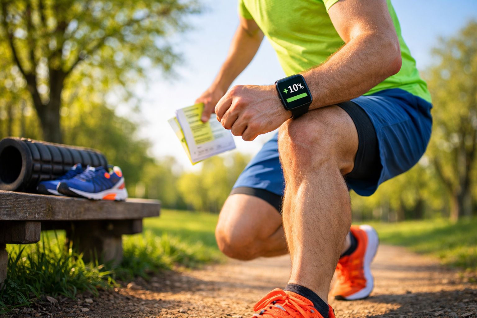 Homem vestido para correr verifica smartwatch com aumento de 10% enquanto está a fazer pausa no parque.