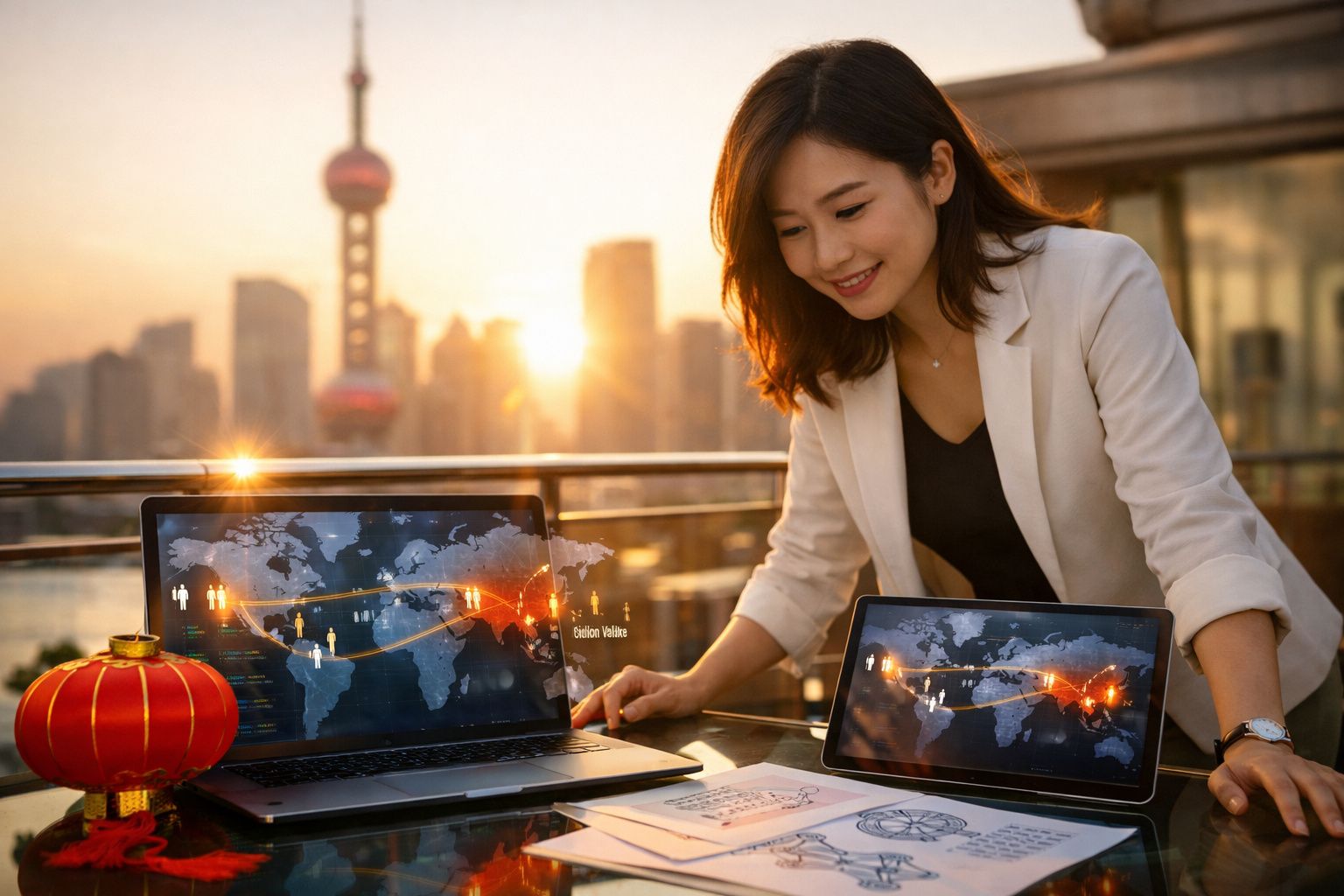 Mulher asiática a sorrir usando portátil e tablet com mapas mundiais num terraço ao pôr do sol.