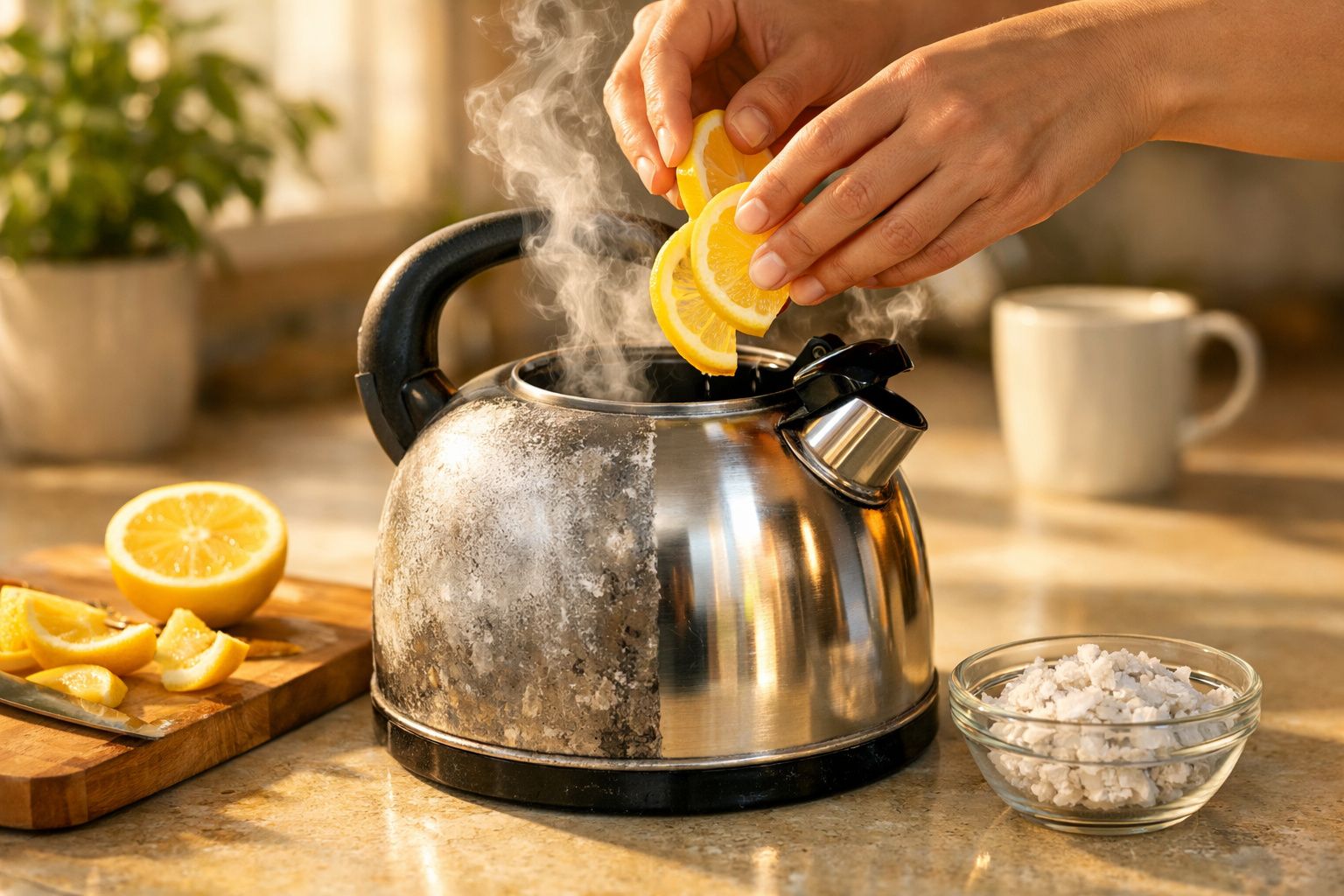 Mãos espremem limão num bule metálico com vapor, rodeado por limões cortados e tigela de sal grosso.