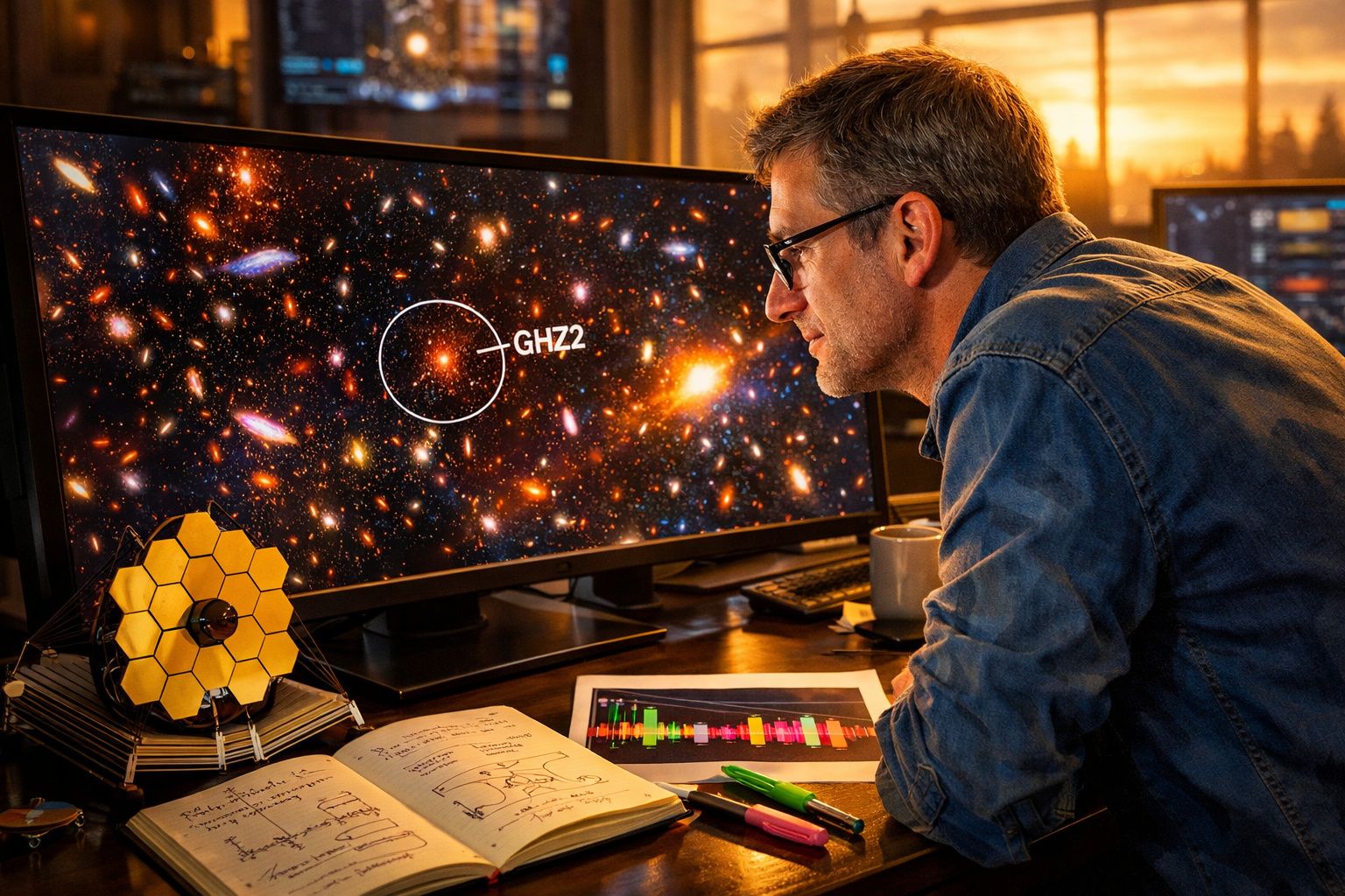 Homem a analisar imagens do espaço com o telescópio James Webb num escritório iluminado ao pôr do sol.