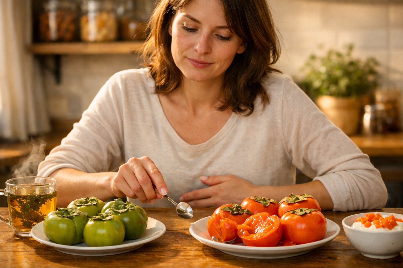 Mulher sentada à mesa provando alimentos com diferentes tipos de caquis e chá quente.