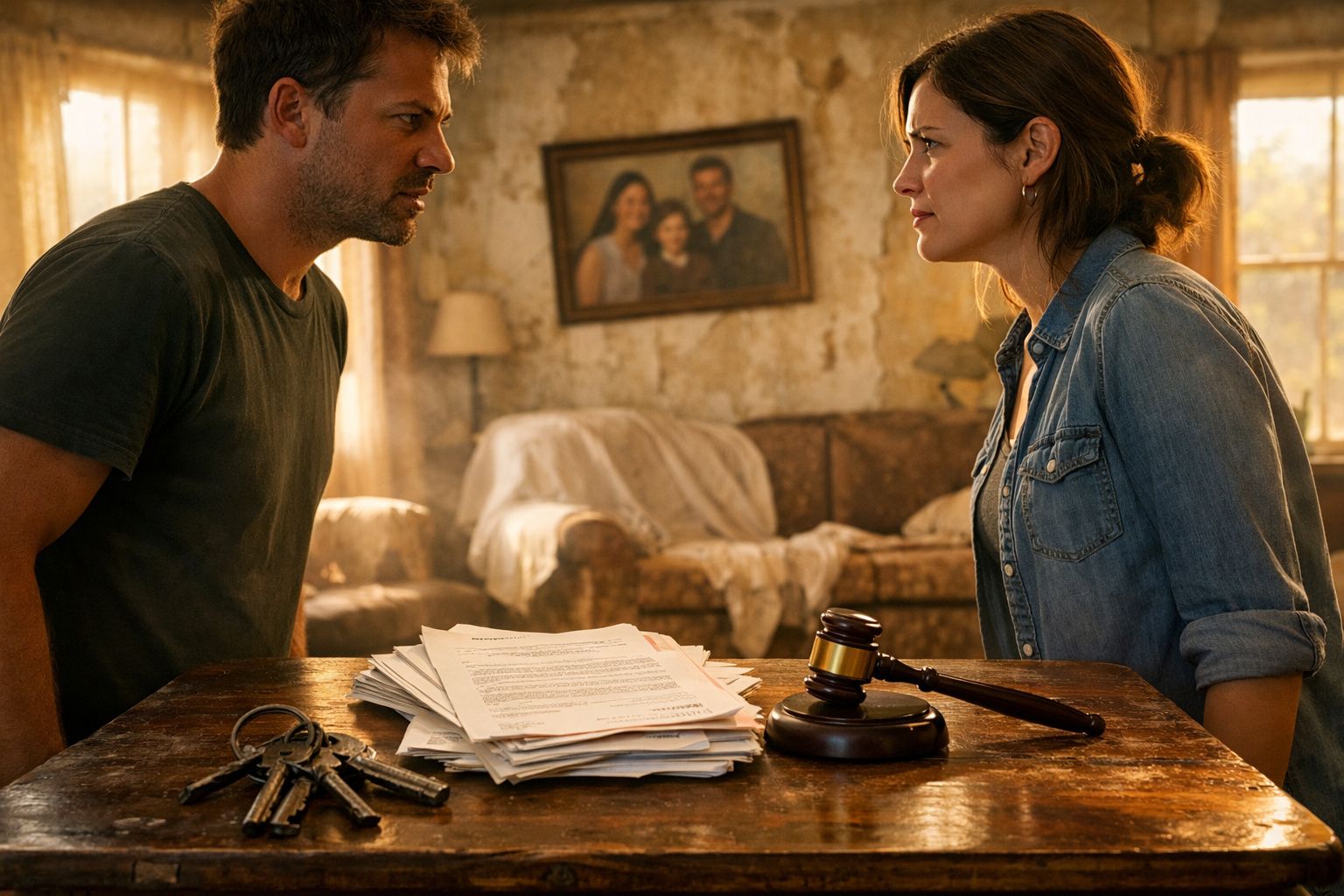Homem e mulher discutem intensamente à mesa com documentos, martelo de juiz e chaves à frente.