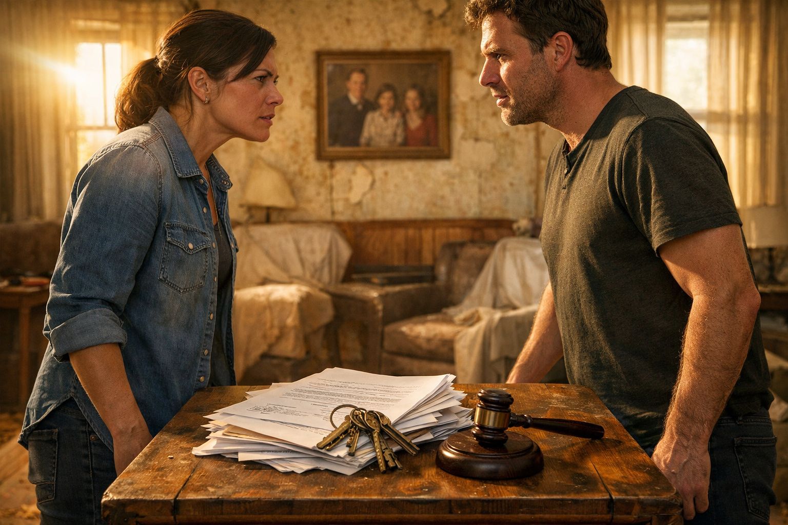 Duas pessoas discutem frente a uma mesa com documentos, chaves e um martelo de juiz numa sala antiga e desgastada.