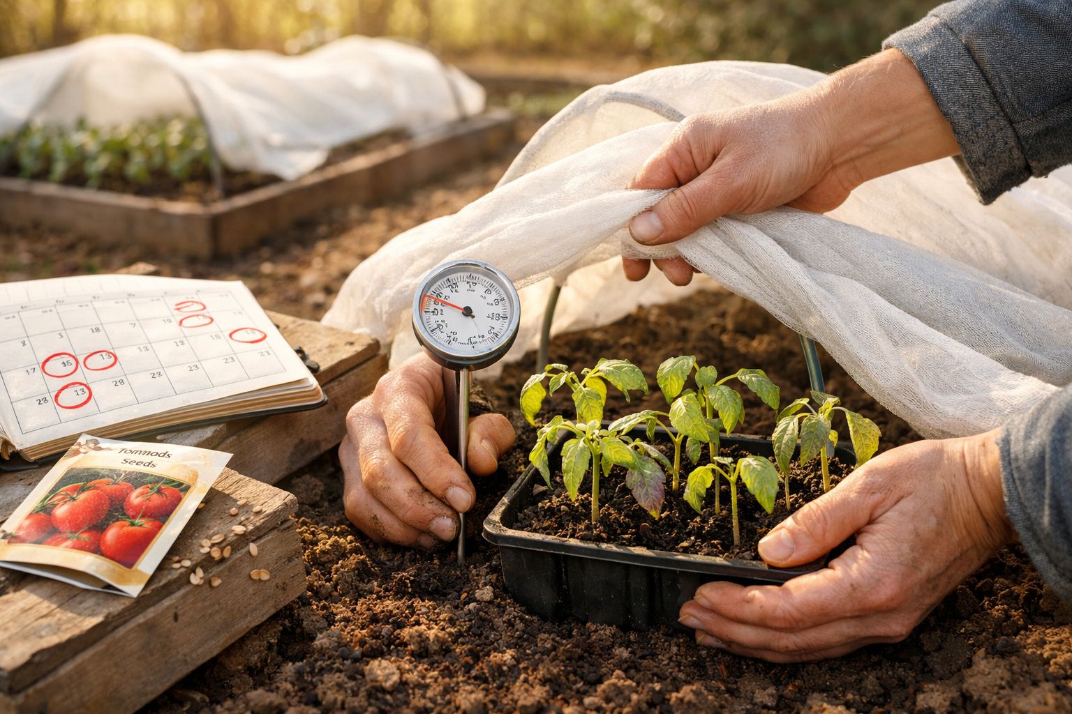 Mãos a medir a temperatura do solo onde crescem plantas jovens de tomate numa estufa, com calendário e sementes ao lado.