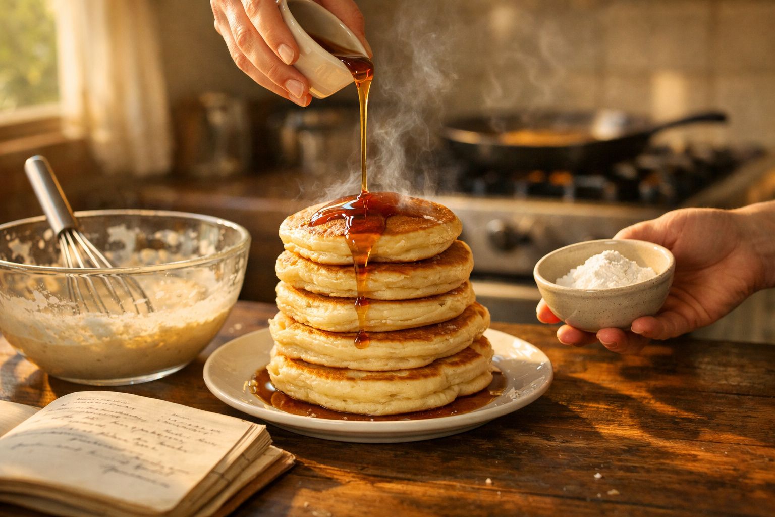 Pilhas de panquecas com xarope a ser derramado numa cozinha rústica com utensílios de cozinha à volta.