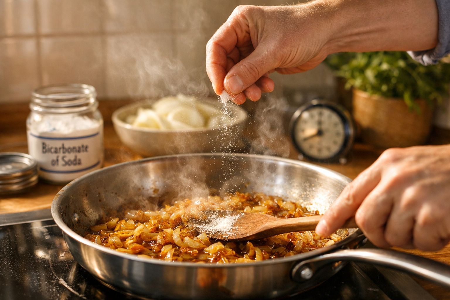 Mãos polvilhando bicarbonato de sódio em cebola dourada a cozinhar numa frigideira em lume brando.