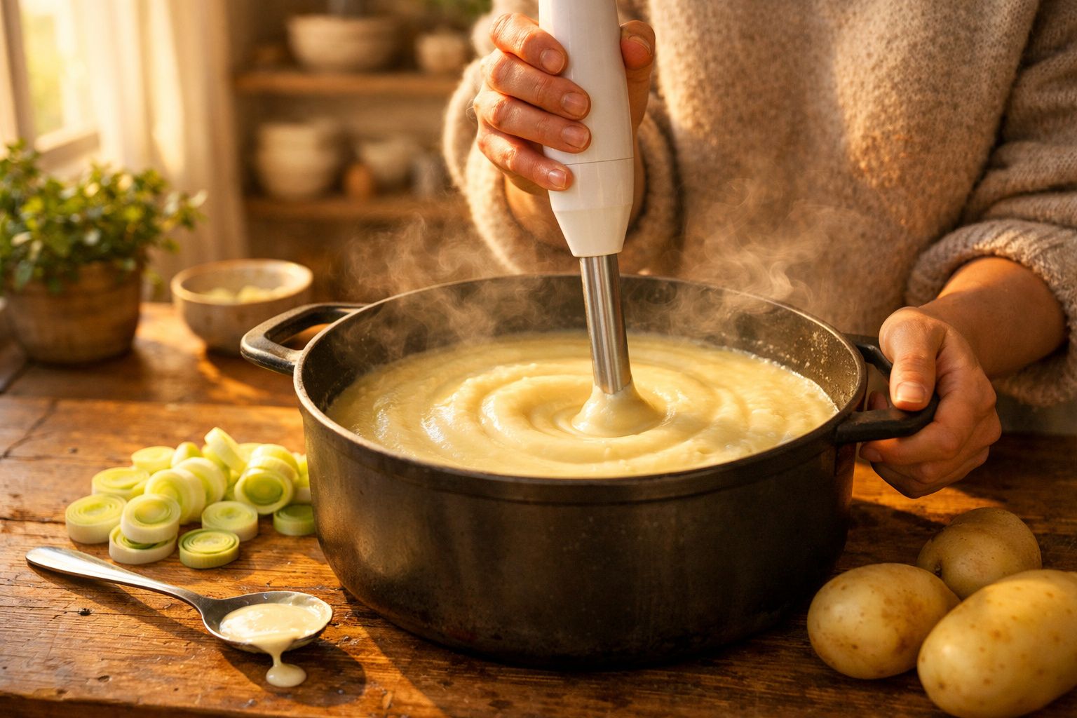 Pessoa a usar varinha mágica para triturar creme quente numa panela preta com batatas à volta.